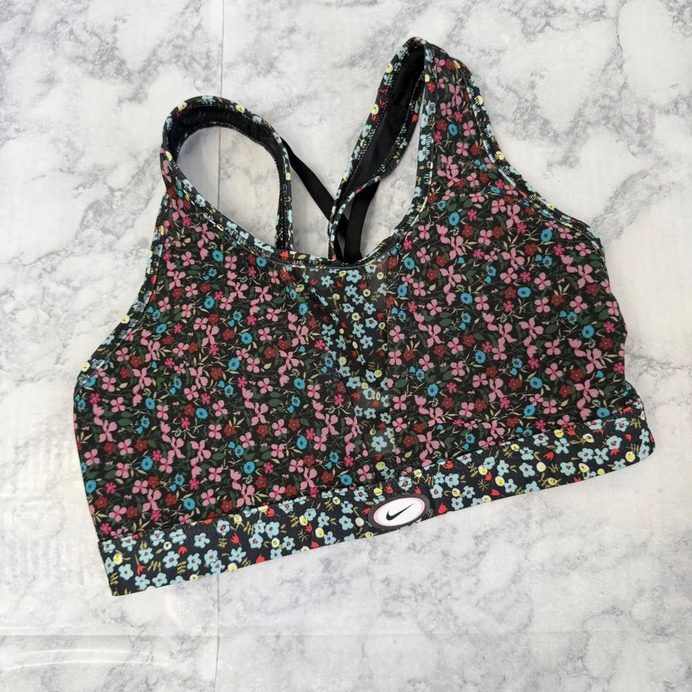 Nike Sports Bra Medium Black Multi Floral Mesh Racerback